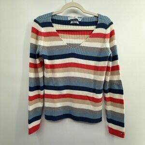 Tommy‎ Hilfiger Jeans XL Made in Japan 100% Cotton Ribbed Stripe V-Neck Sweater